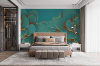 Gold and emerald lotus floral wall mural
