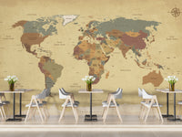 Retro-themed world map wallpaper for cozy spaces.