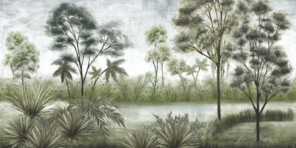 Dark Shaded Watercolor Forest Wallpaper in your room — zoomed