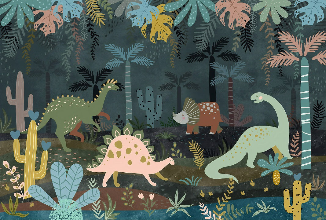 Dino World Night Adventure Wallpaper Mural in your room — zoomed