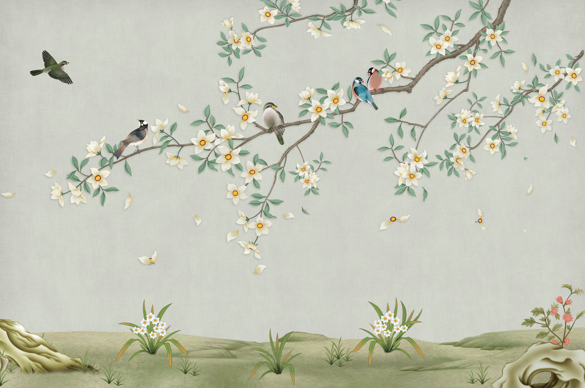 Birds on Branch Green Color Wallpaper Mural in your room — zoomed