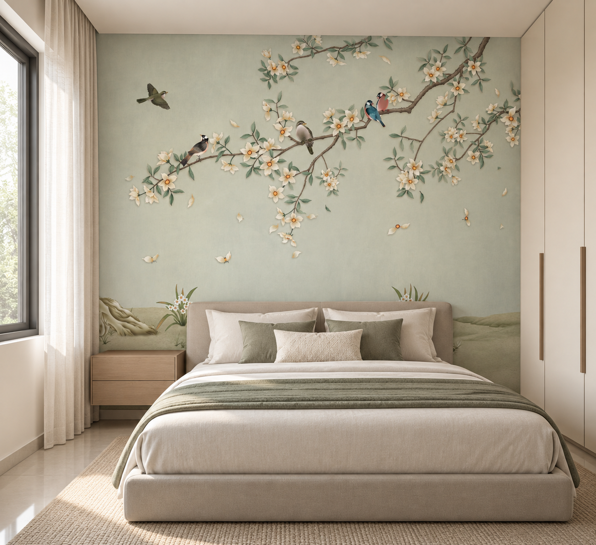 Birds on Branch Green Color Wallpaper Mural