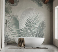 Oversized gray-green palm leaves wall mural
