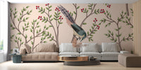Pink leaves and bird mural for calm decor
