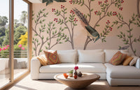 Pink wallpaper mural with bird and foliage
