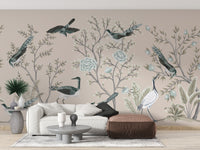 Elegant cream wallpaper with crane birds
