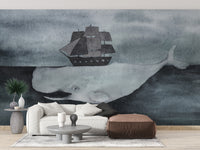 Dark Watercolor Whale design with Ship Wallpaper Murals - Giffywalls