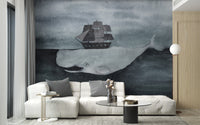 Dark whale wallpaper mural with ship
