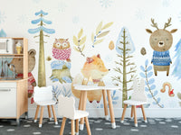 Watercolor winter forest wallpaper with woodland animals