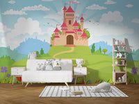 Dreamy castle wallpaper with vibrant flowers and hills.