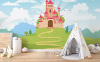 Fairytale castle wallpaper with colorful meadow blooms.