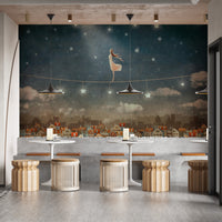 Starry night wallpaper mural with whimsical houses design.
