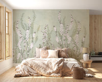 Elegant floral cascade on green wallpaper
