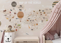 world map mural with cute illustrations