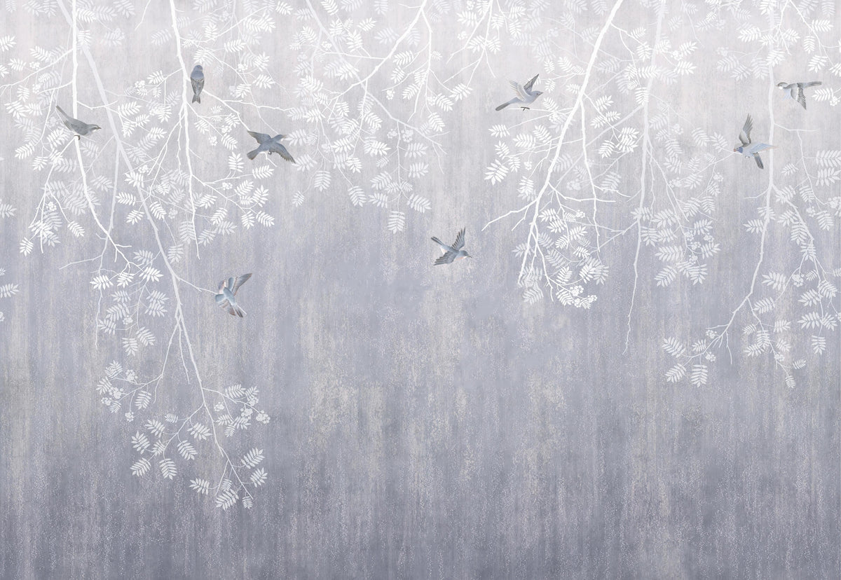 Elegant Frosted Branches Bird Mural in your room — zoomed