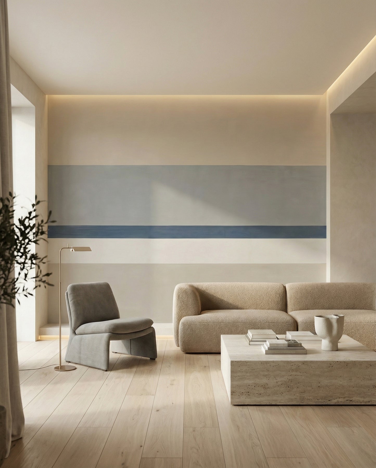Grey, navy, and ivory lines run level behind a lounge in the Agnes Balance wall mural.