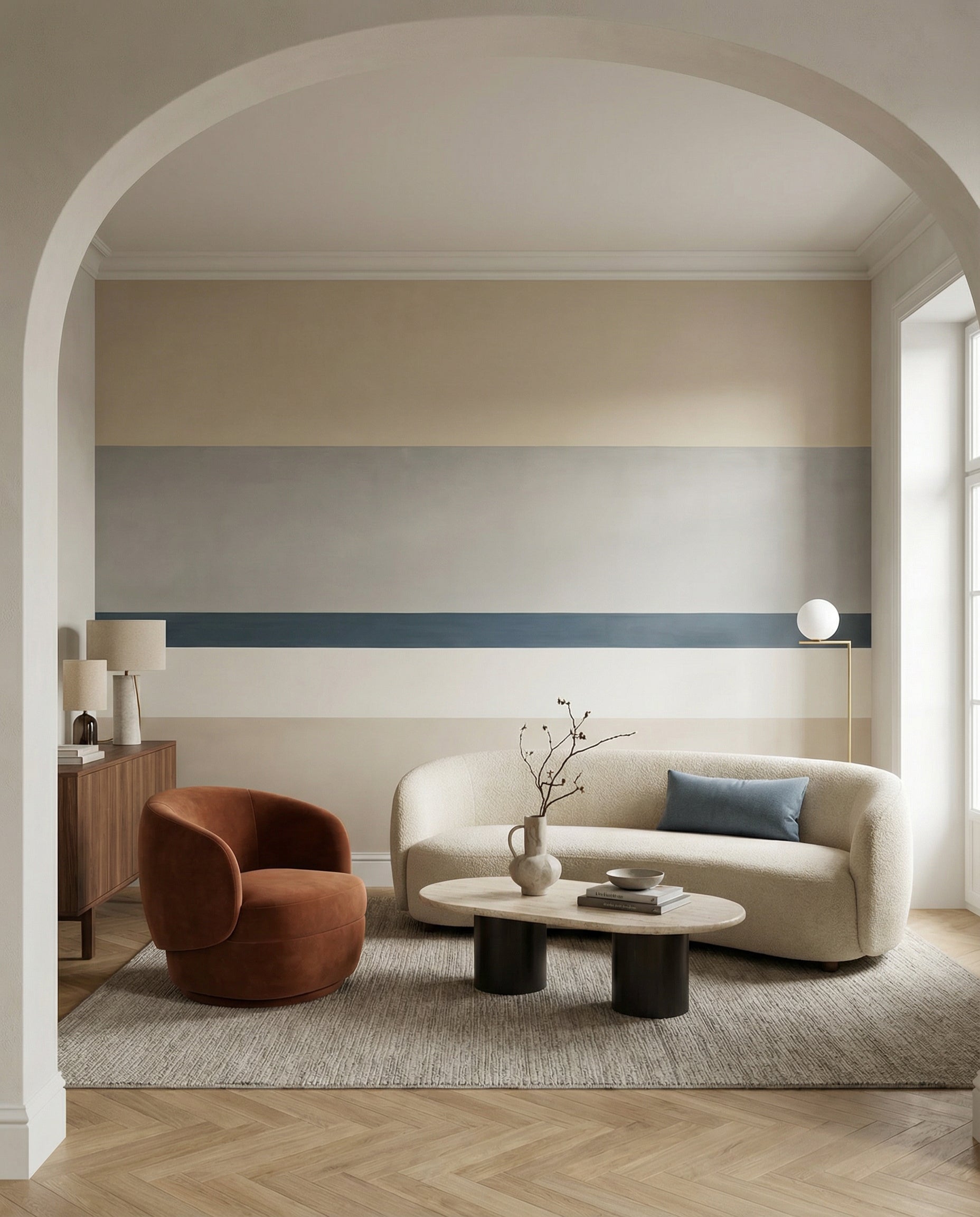 Beige and grey horizontal bands give a living room the Agnes Balance wall mural backdrop.