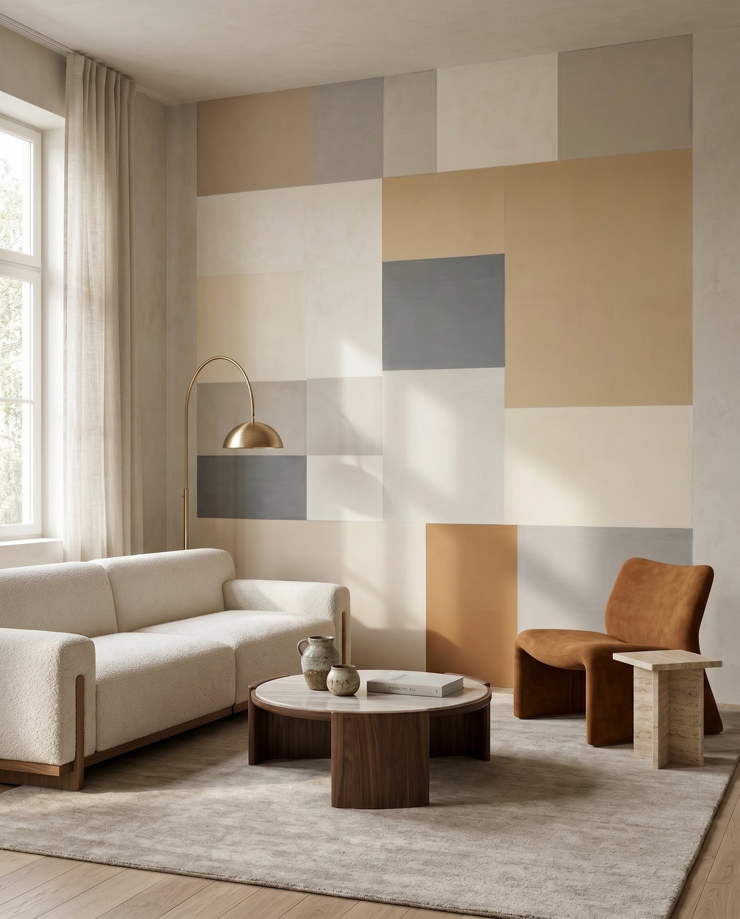 Beige and grey grid steadies a Living room with the Plane wall mural pattern.
