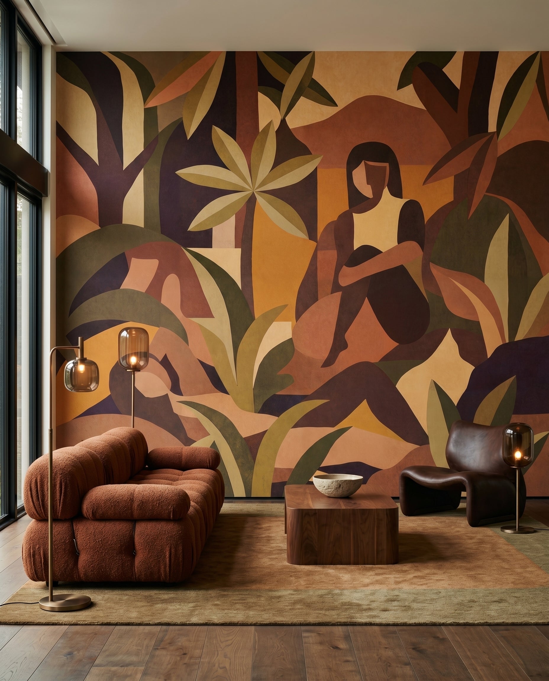 Seated figures and curling leaves fill a living room behind the Amber Bloom wall mural.