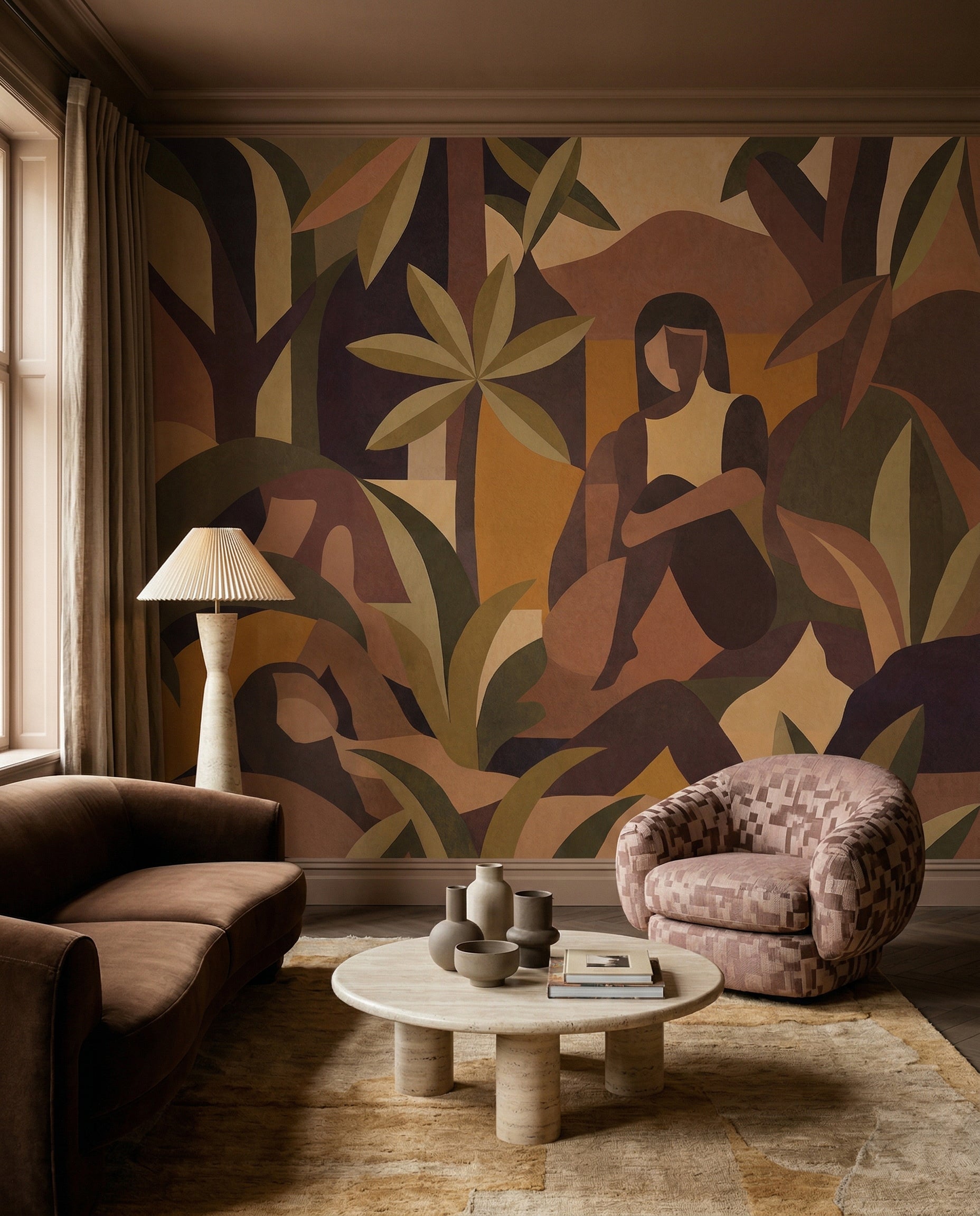 Above a Living room, the Amber Bloom wall mural keeps the mood quiet and grounded.
