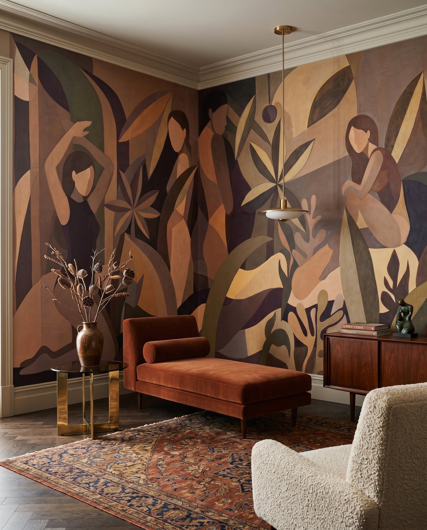 Faceless women among foliage frame a Living area via the wall mural.