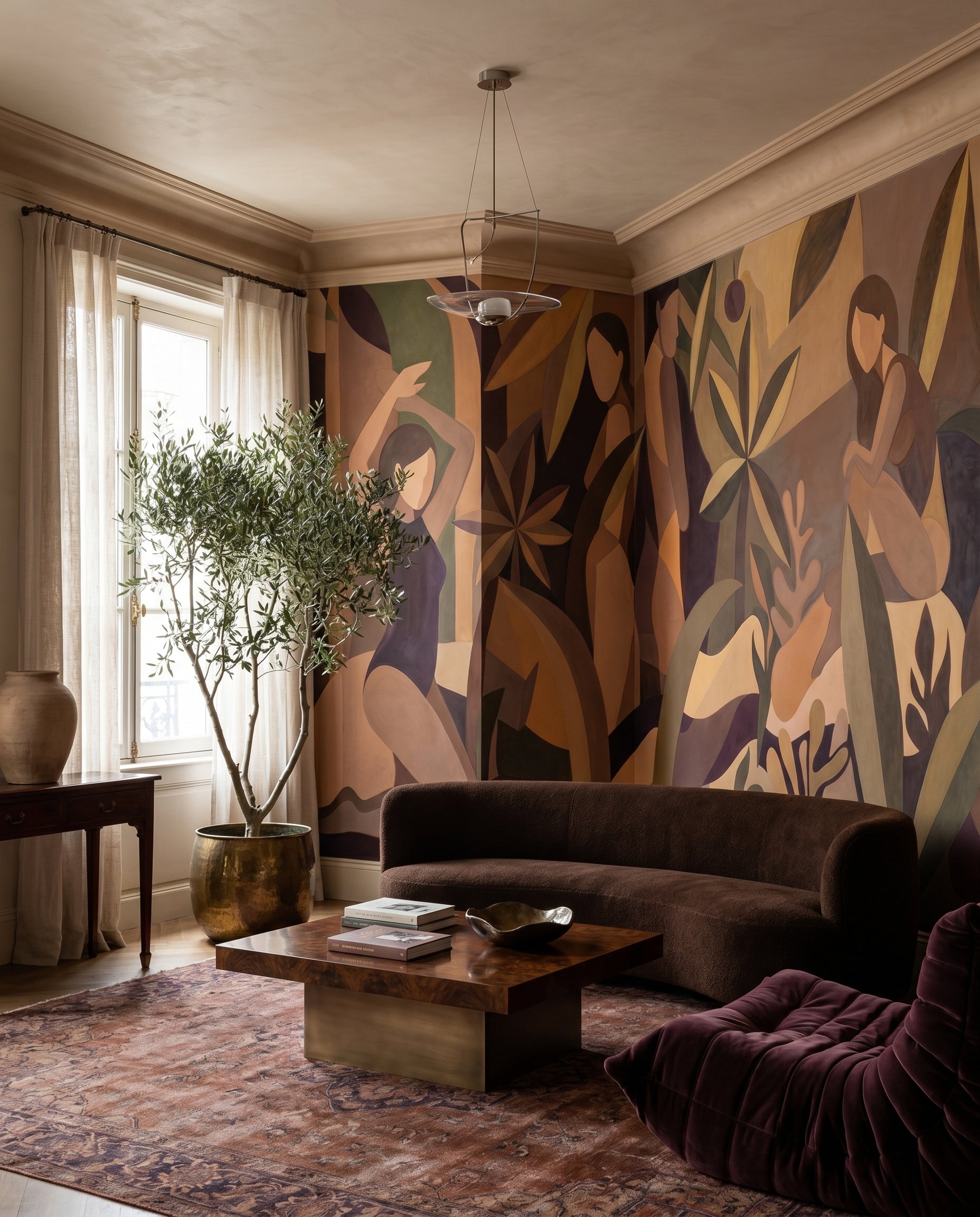 A living room takes on burnt clay shades through the Amber Muse wall mural.