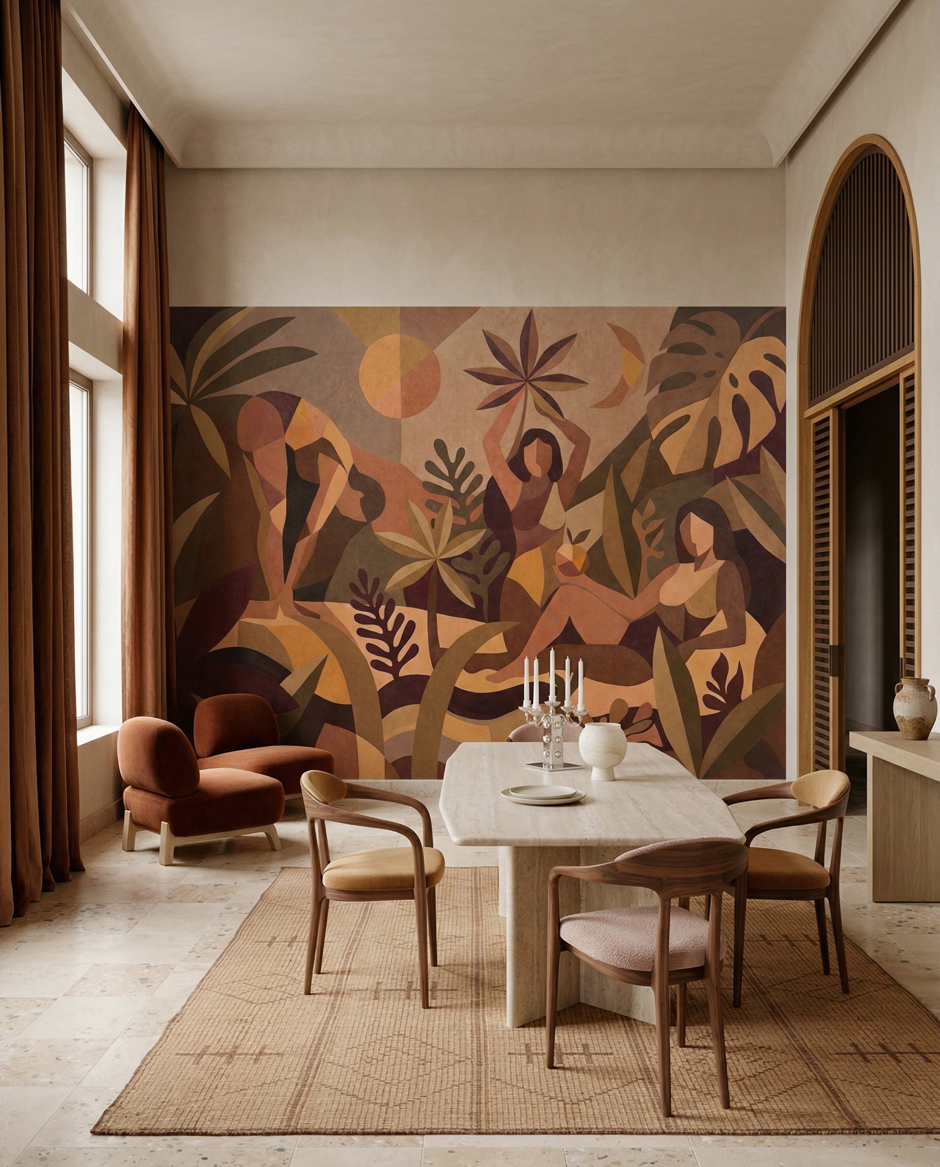Dining room shifts to a folk garden mood with the Amber Flora wall mural overhead.