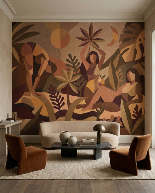 Earthy figurative scene fills a living room with the Amber Flora wall mural in warm tones.