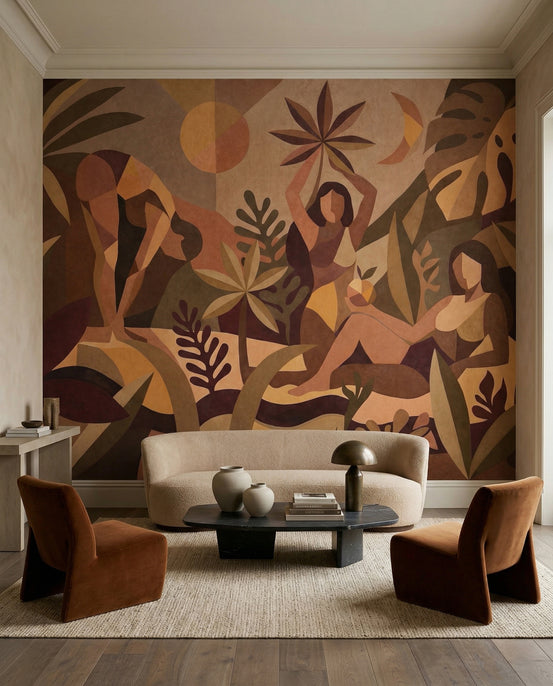 Earthy figurative scene fills a living room with the Amber Flora wall mural in warm tones.