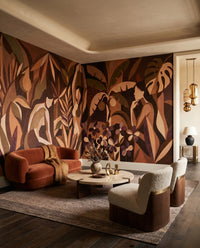 A lounge gains painterly warmth from the Amber Veil wall mural.