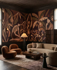 Tropical foliage borders a hallway in the Veil wall mural.