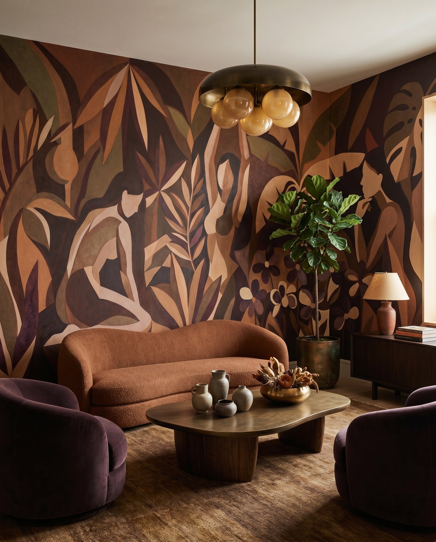 Curved women and monstera move across a Living room in the Amber Veil wall mural.