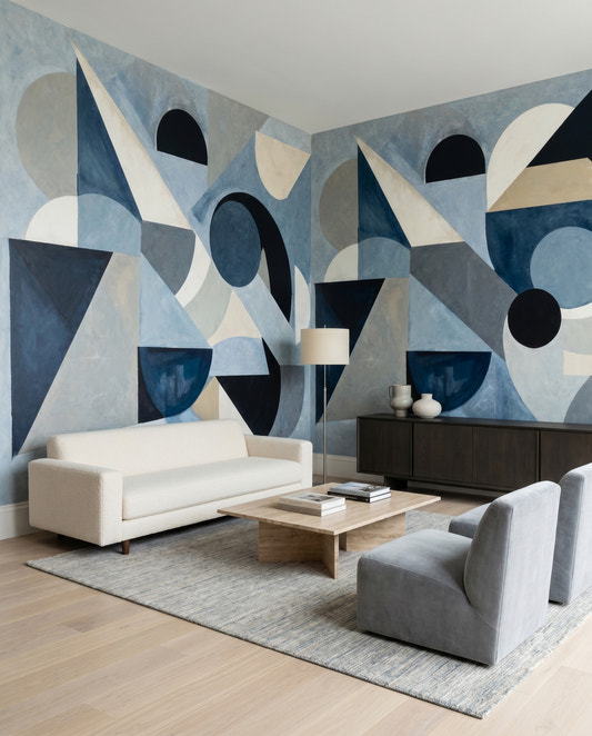 Living room glows under the Avant Pulse wall mural's navy and cream geometry.