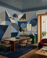 Dining area area frames navy wedges and ivory curves of the Avant Pulse wall mural.