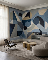 Living room corner brightens with slate and beige across the Avant Pulse wall mural.