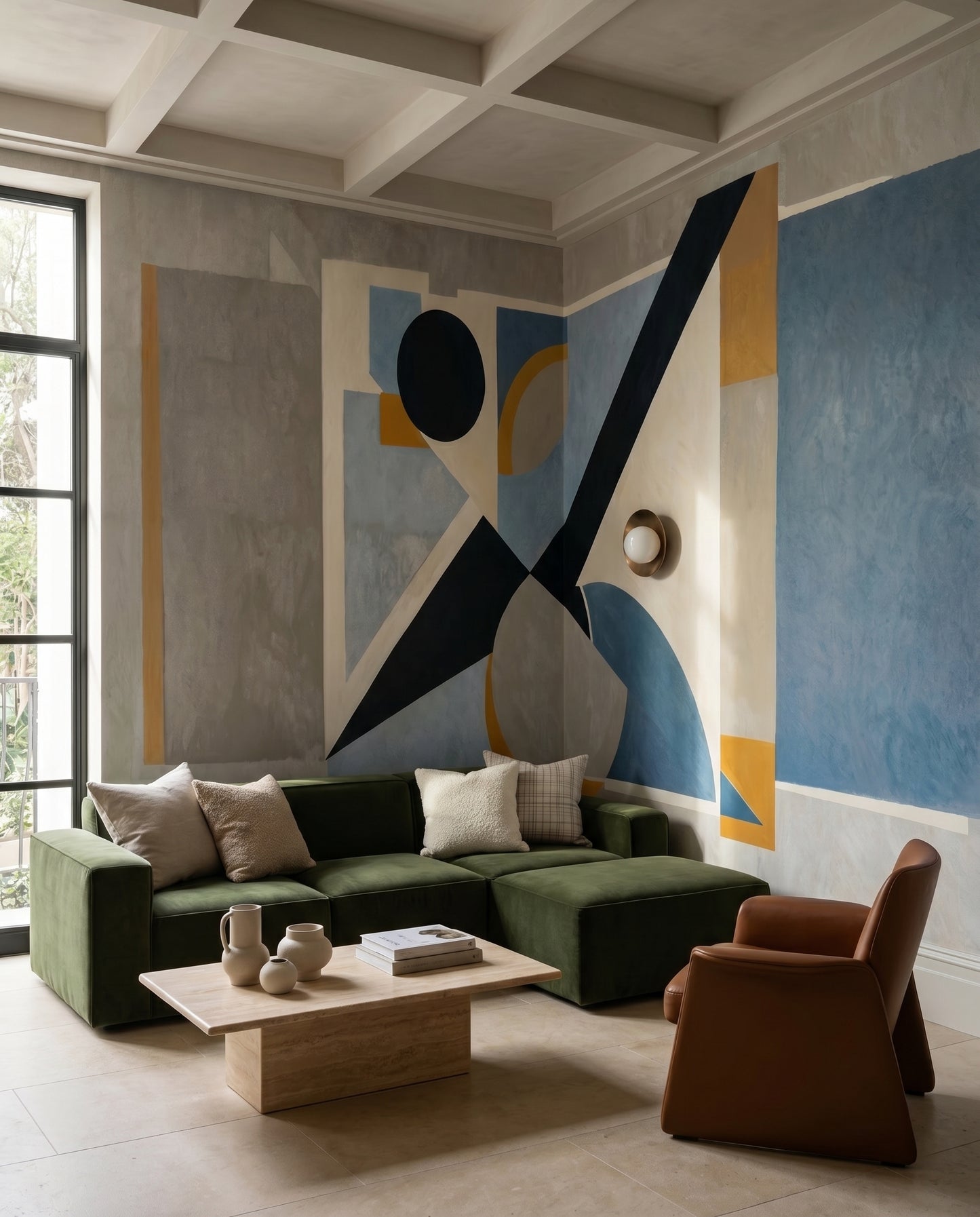 Geometric cubist wall mural styling a Living room with black, yellow and ivory shapes