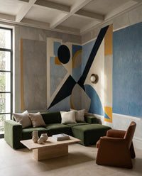 Geometric cubist wall mural styling a Living room with black, yellow and ivory shapes