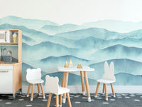 blue watercolor mountains mural wallpaper