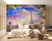 Balcony Eiffel Tower Pink Sunset Wallpaper Mural - Giffywalls