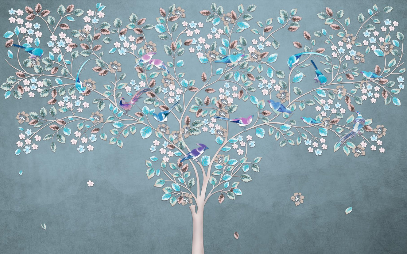 Blue and Green Leaves Birds Dark Spotty Wallpaper