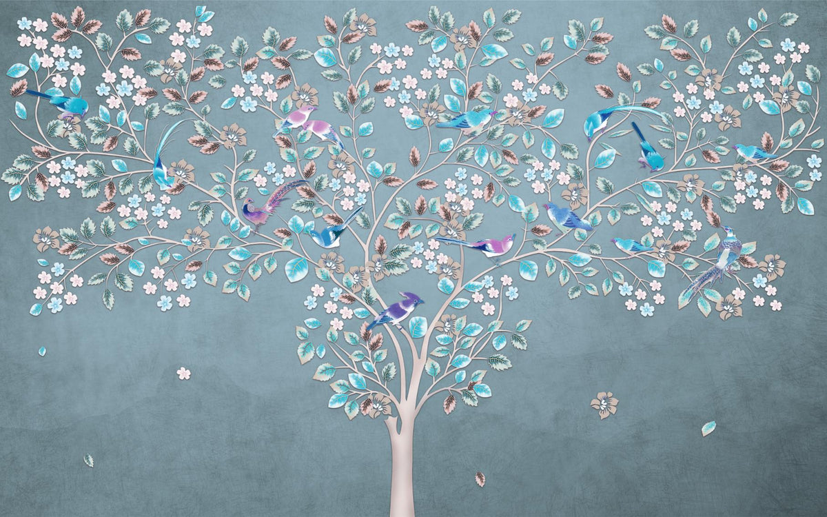 Blue and Green Leaves Birds Dark Spotty Wallpaper in your room