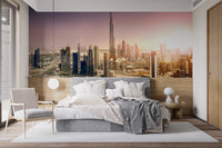 Dubai downtown skyline at sunset mural