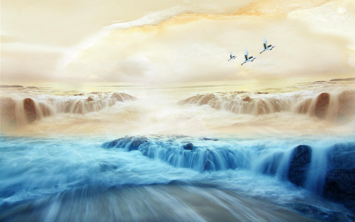 Misty Mountains Sun Flock Cranes Sky Peel And Stick Mural in your room — zoomed