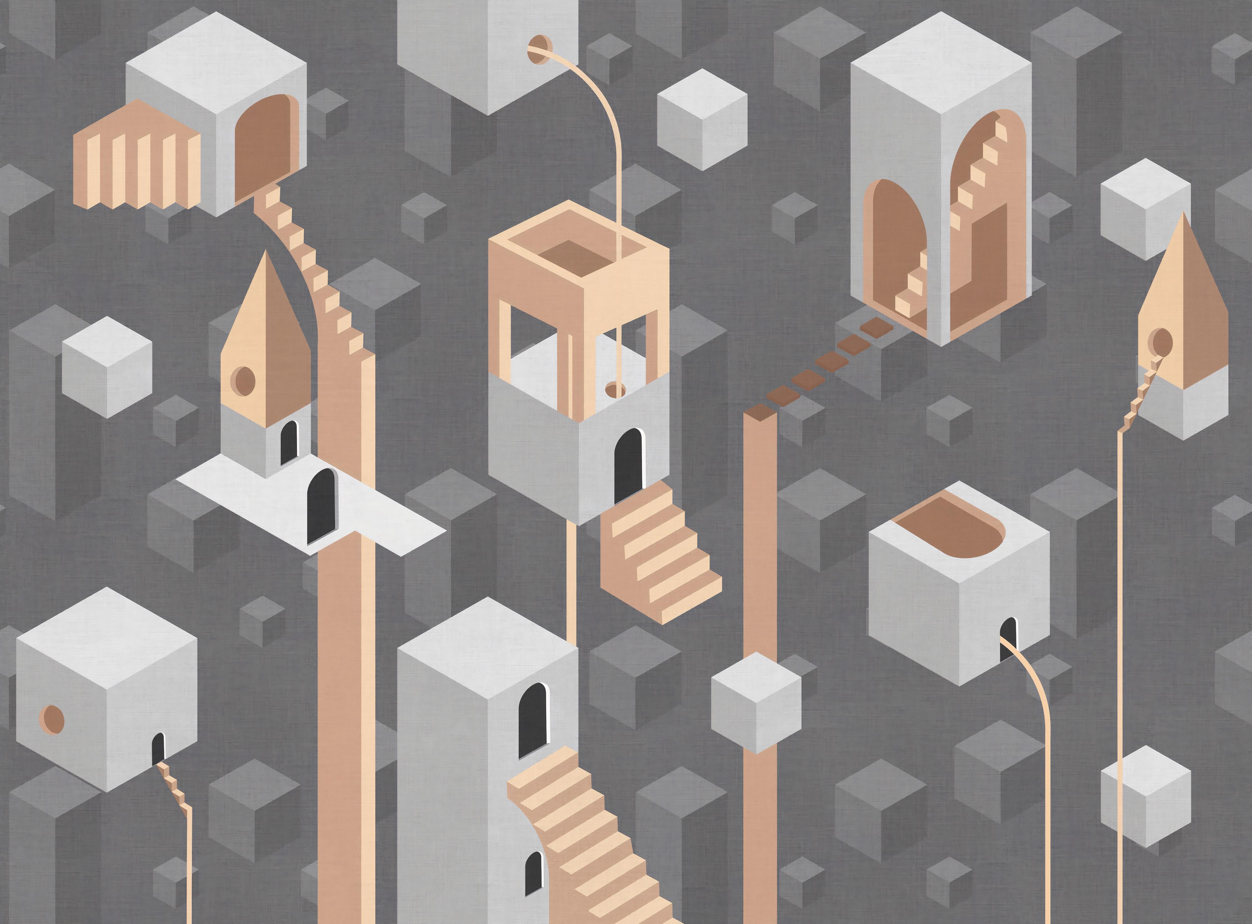 3D Gray Surreal Geometric Architecture Wallpaper with Cubes
