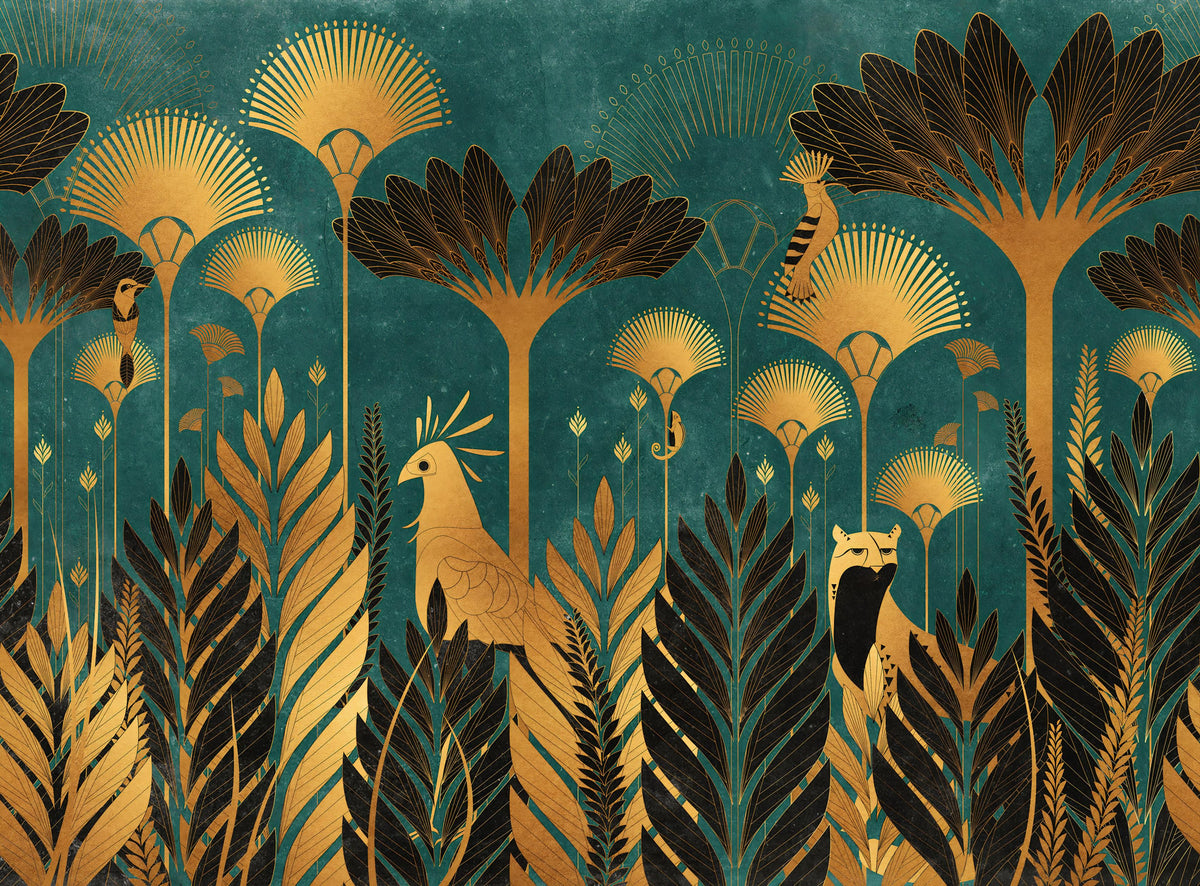 Teal Luxurious Art Deco Jungle Wallpaper in your room