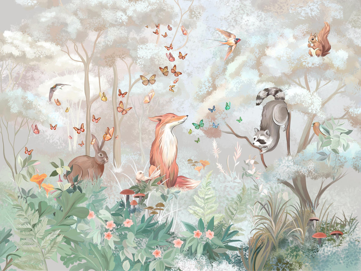 Pastel Woodland Animal Forest Scene Wallpaper