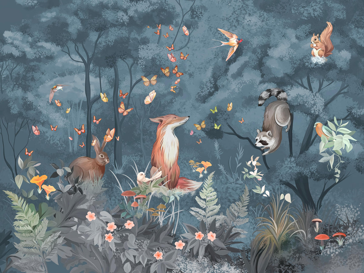 Woodland Animal Forest Scene Wallpaper in your room — zoomed