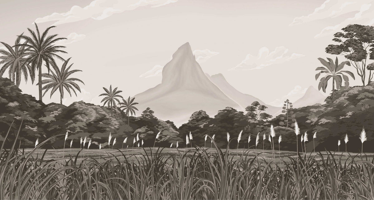 Monochrome Tropical Jungle Wall Mural in your room — zoomed