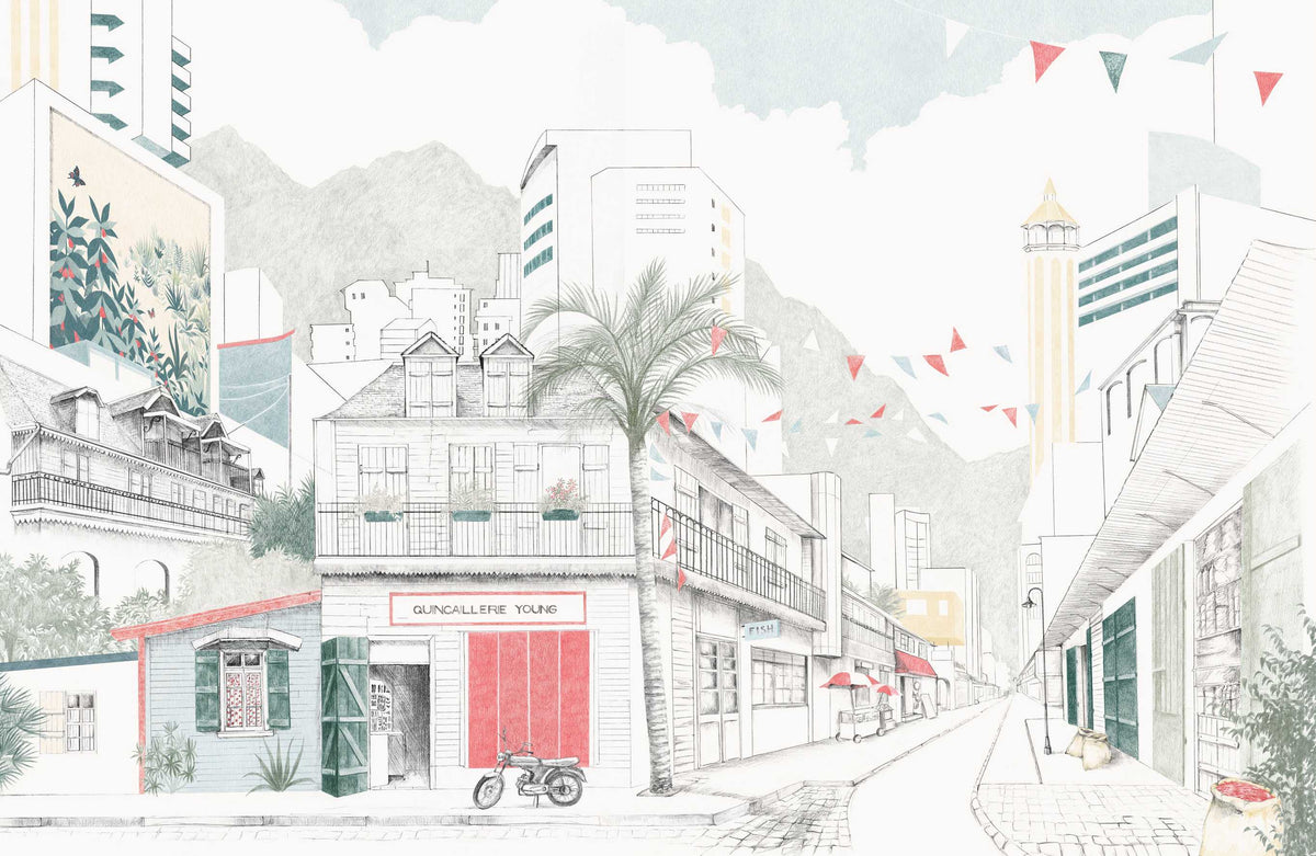Hand-Drawn Urban Cityscape Mural in your room — zoomed