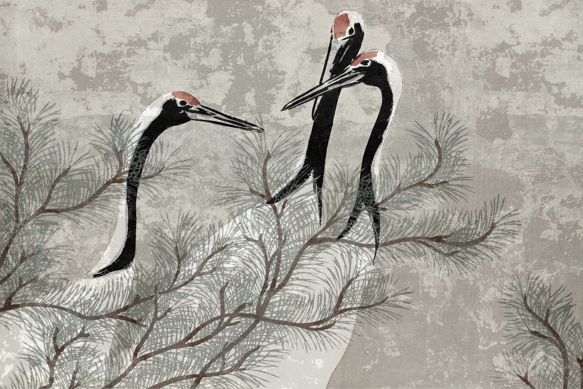 Oriental Crane Pine Tree Wallpaper in your room